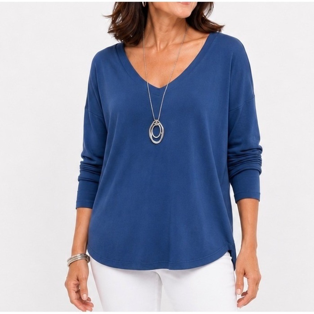 J. Jill Blue Pima Cotton 3/4 Sleeve V-Neck Tee Shirt Plus Size 4X
